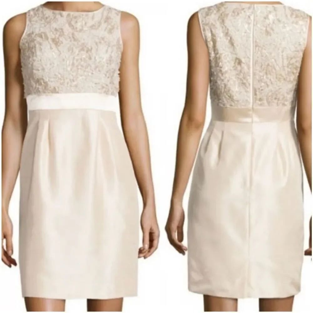 Tahari Arthur S Levine champagne embellished sequined dress size 8
